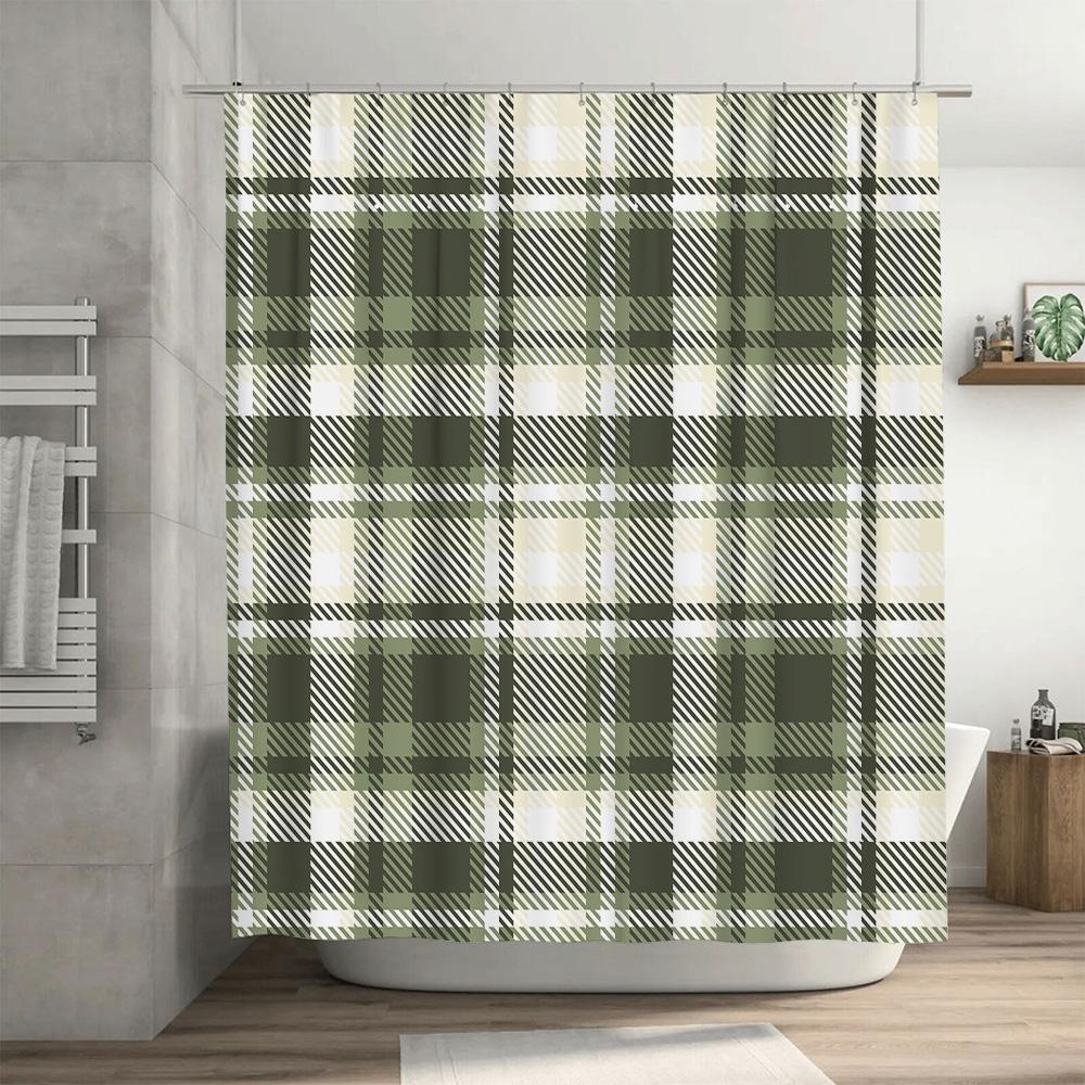 Green Plaid Shower Curtain Modern Bath Decor For Bathroom Easy Installation, Machine Washable (280X175Cm)
