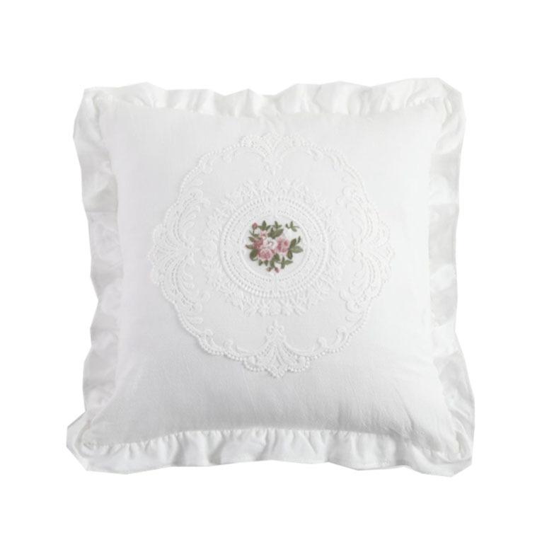 French-style Vintage Lace Embroidered Washed Cotton Lumbar Pillow White Ruffled Decorative Throw Cushion Plants Flowers Pattern