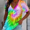Damen Buntes Batik-Print T-Shirt V-Ausschnitt Kurzarm Locker Lässig Sommer Tägliche Oberteile
