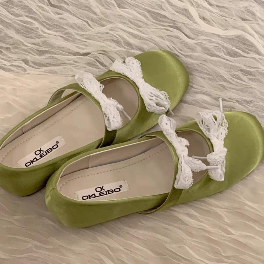 French gentle satin lace bow Mary Jane shoes women's inner height-increasing single shoes 2025 new shallow mouth ballet shoes