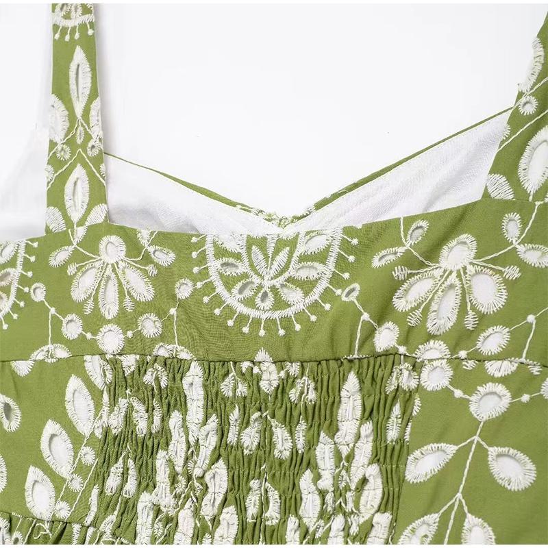 Printed Hollow Out Sling Women Dress Elegant Green Sleeveless Backless High Waist Dresses Female Summer Lady Beach Robe