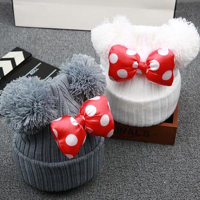 Kreslená detská čiapka Big Bowknot s dvoma brmbolcami Detská čiapka Zimné jesenné pletené teplé háčkované čiapky