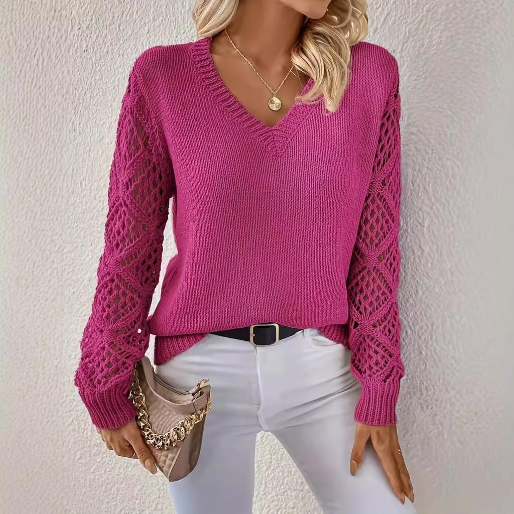Hollow-out Knitted Sweater Women's Pullover Long-sleeved Crochet Jacquard Loose V-neck Bottoming Top