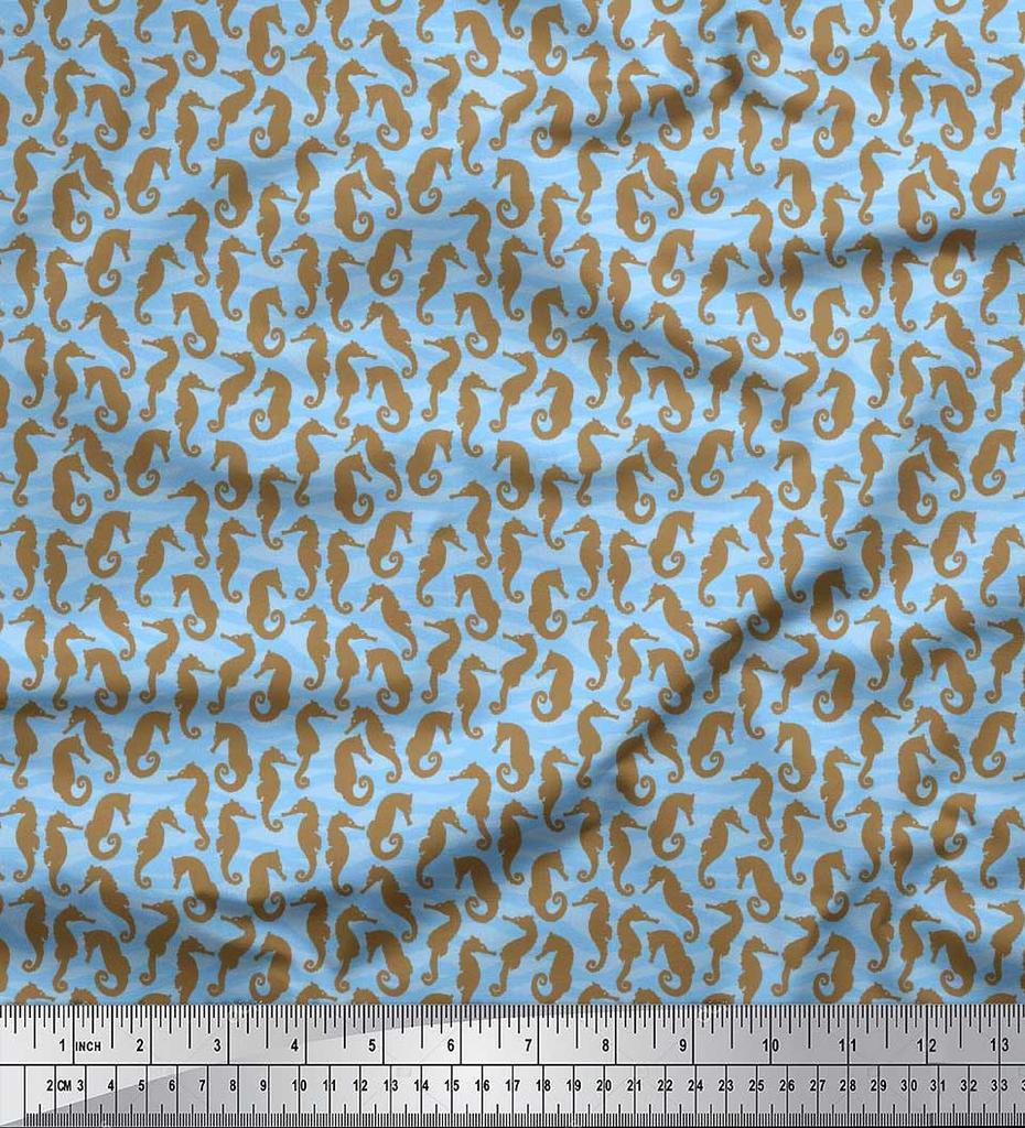 Soimoi Japan Crepe Satin Fabric Sea Horse Ocean Printed Craft Fabric by the metre 42 Inch
