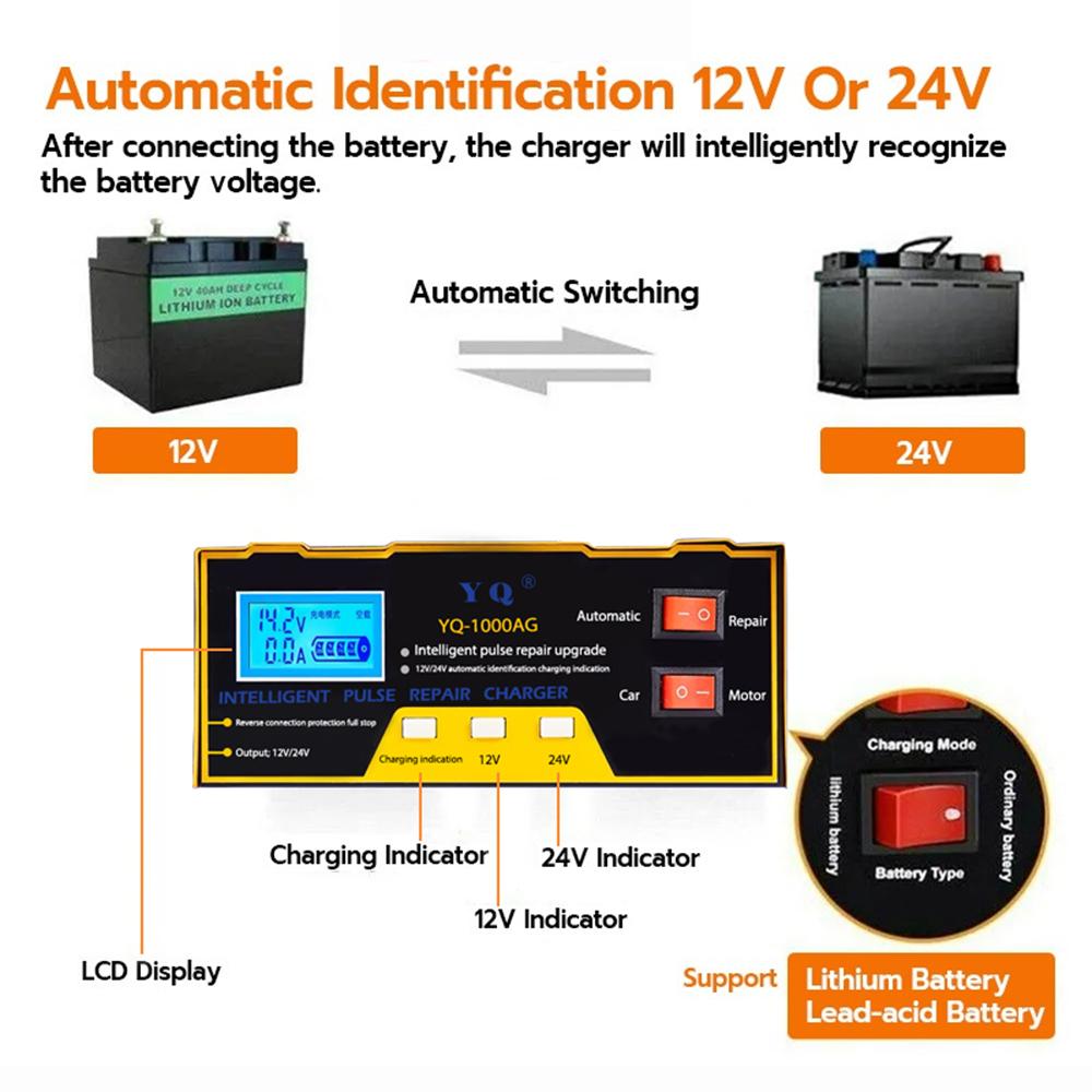 YQ-1000AM Intelligent Car Battery Charger 12V 24V Auto Motorcycle Battery Maintainer High Power Smart Charger