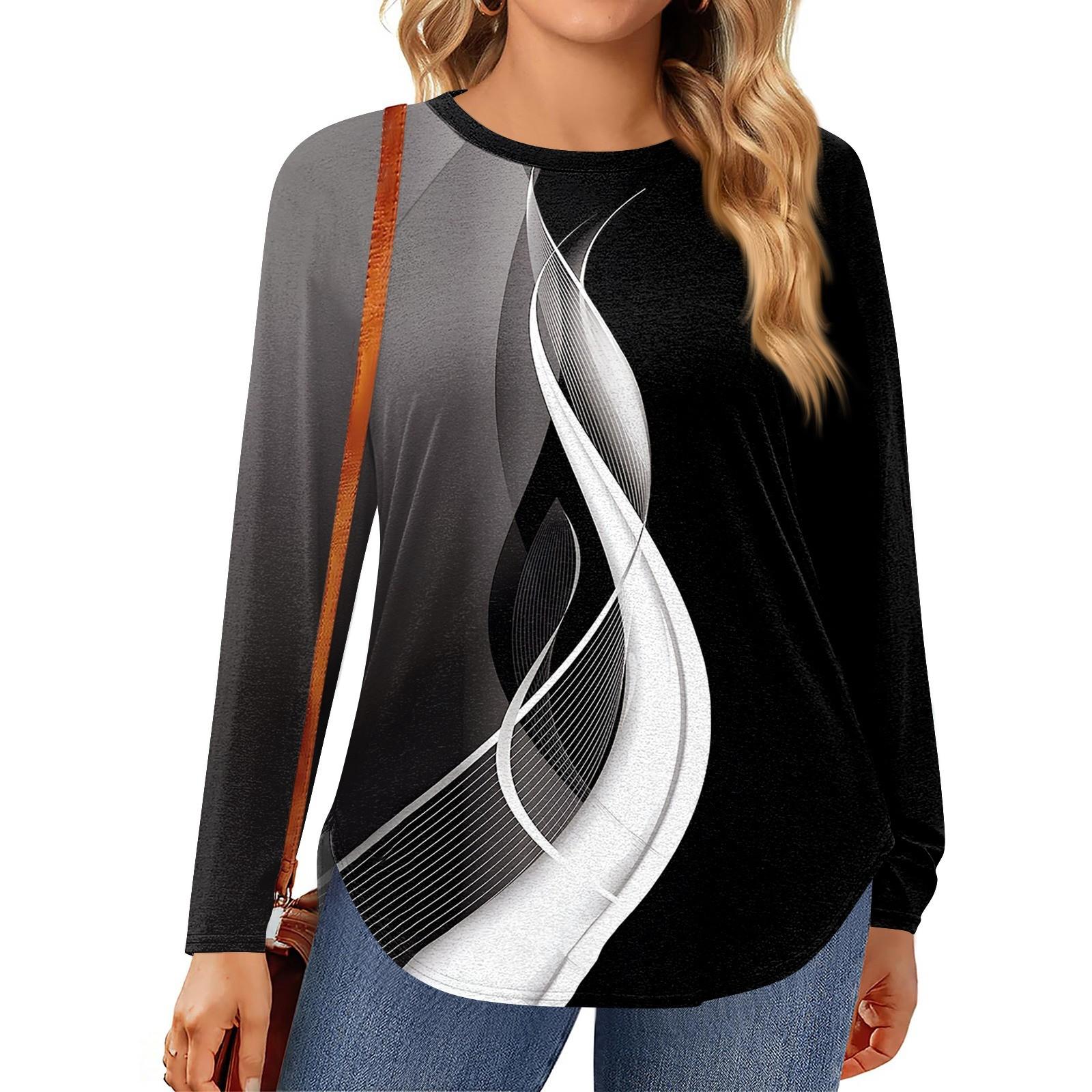 

Womens Plus Size Tops Long Sleeve Shirts Round Neck Flowy Tunic Casual Loose Blouse L-5X XXL