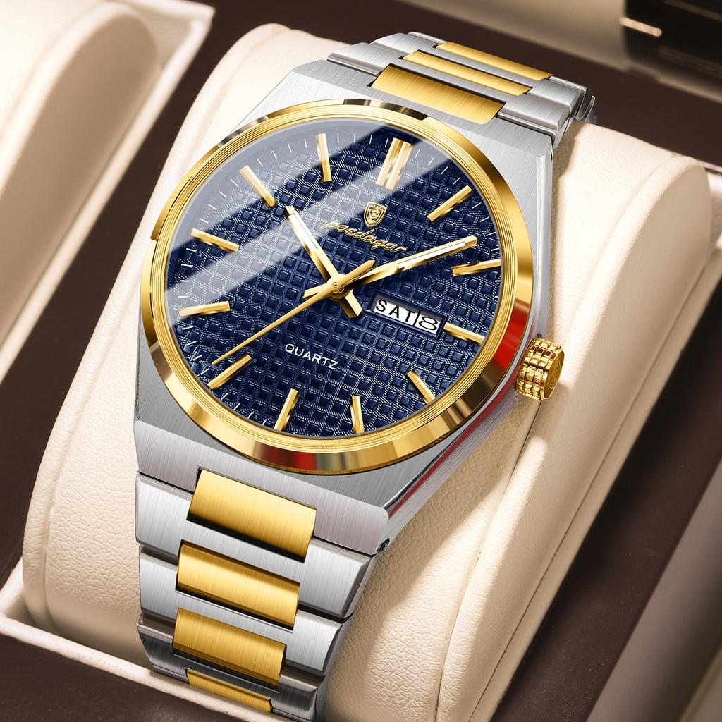 POEDAGAR Luxe Herenhorloge Datum Week Waterdicht Lichtgevend Roestvrij Staal Horloge voor Man Casual Kwarts Horloges Mannelijk Sport+Doos