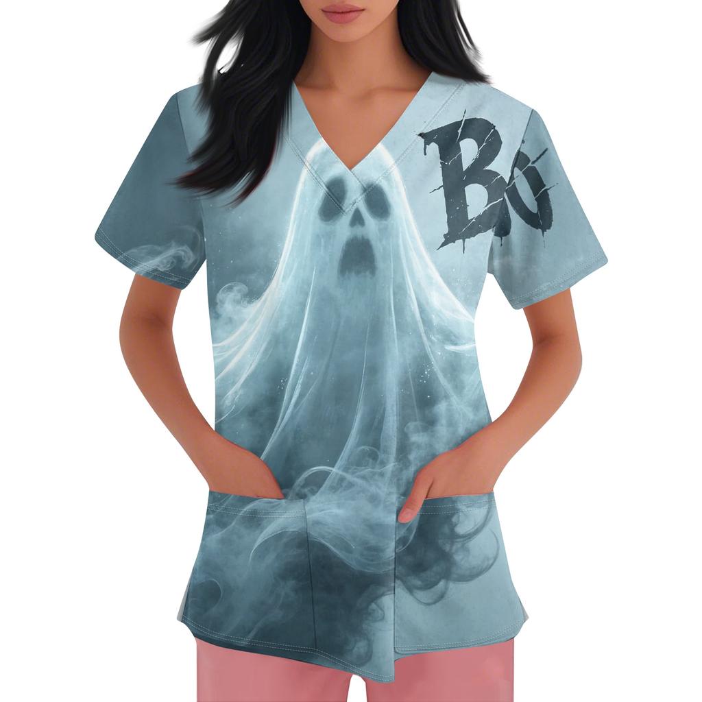 Women V Neck Short Sleeve Work Top with Pockets Halloween Print Nurse Uniform Scrub Shirt Medical Uniforms for Healthcare Professionals