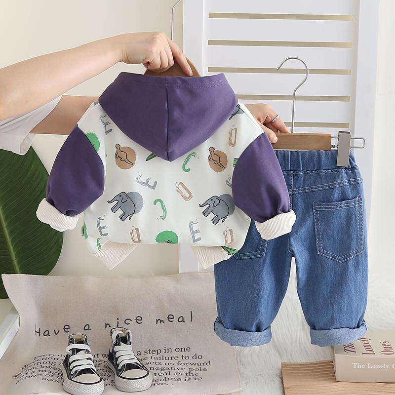 Boys' long sleeved 3-piece set, Children's hooded animal print jacket+cartoon T-shirt+casual denim pants, cute baby clothes