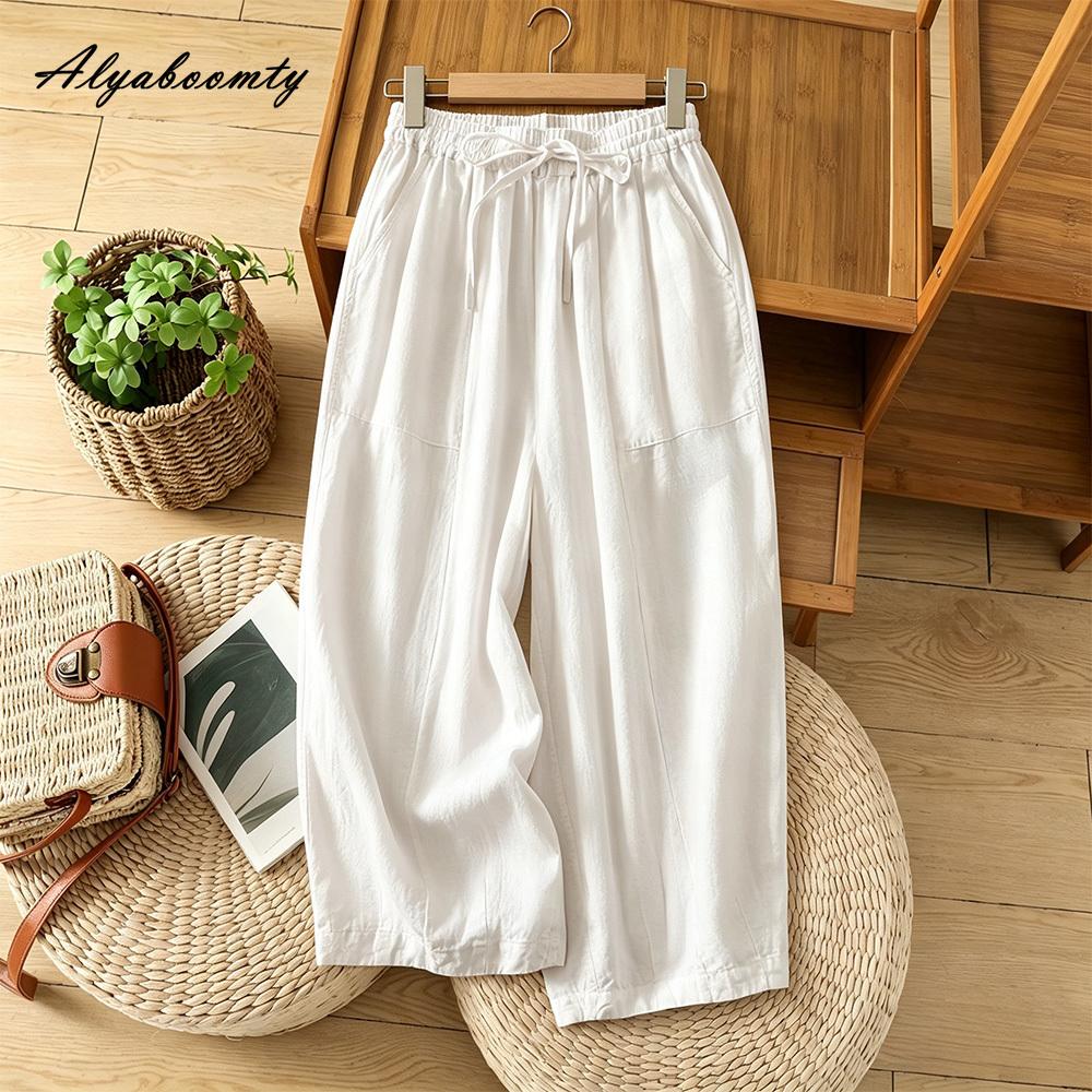 Korean Fashion Summer Women Basic Simple Pants High Waist Drawstring White Dark Green Straight Trousers Vintage Cotton Ladies' Pants