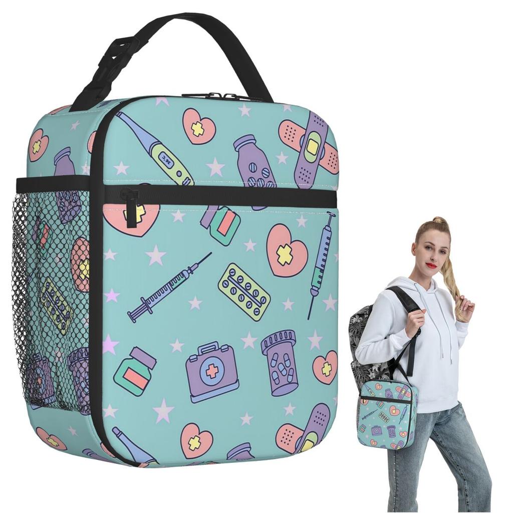 Kawaii Doctors Nurse Enfermera Doctor Pattern Insulated Lunch Bag for Women Kids Leakproof Food Boxes Thermal Lunch Box Tote