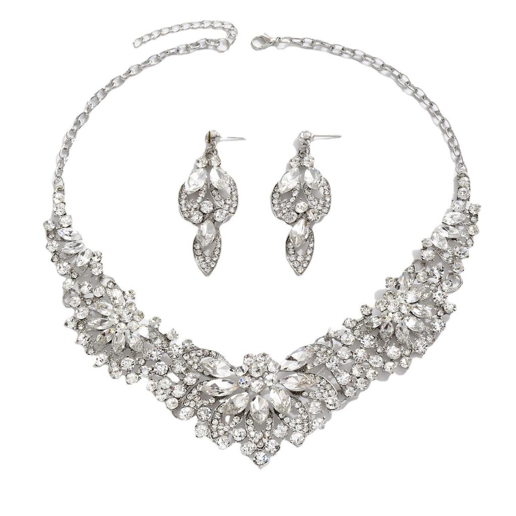 Vintage Necklace Earrings Set Women Leaves Flowers Rhinestone Bridal Accessories