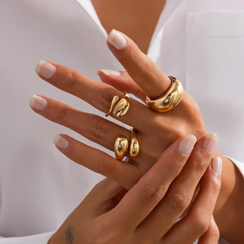 European & American Geometric Baroque Pearl Ring Set – Sweet Cool Ins Style Glossy Liquid Metal Ring