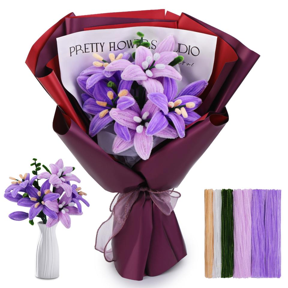 

FENRRY 440PCS Фиолетовые букеты лилий Набор для творчества Ершики для труб для рукоделия с пошаговыми видеоуроками по декорированию