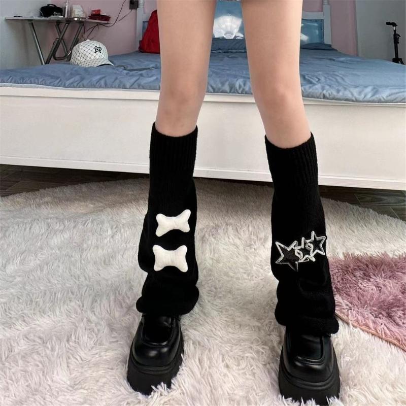 Girls Lolitas Leg Warmers Y2K Star Knitted Flared Leg Sleeves Goth Baggy Cuffs Ankle Heap Socks JK Uniform Foot Cover