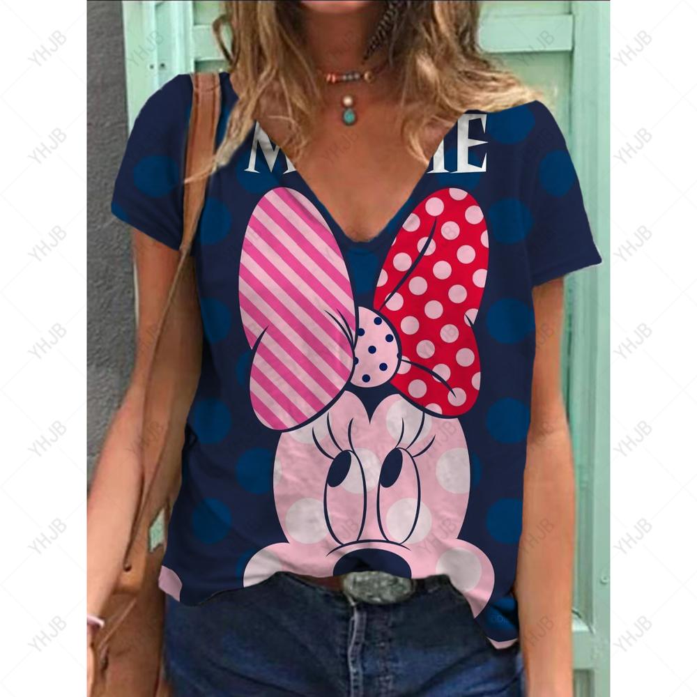 Sommer Ny Mote Dame V-hals Topp Kort Ermet T-skjorte Disney Mikke Mus Trykk Casual Gate Allsidighet Y2K Oversize-5XL
