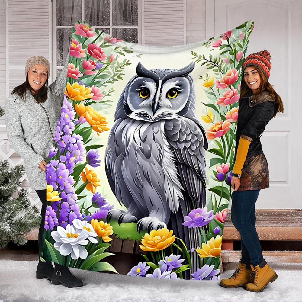 1pc Owl Flowers Outdoor Blanket - Soft Flannel Cozy for Travel & Camping - All-Season Warm Bed Cover, Machine Washable Yy251229101