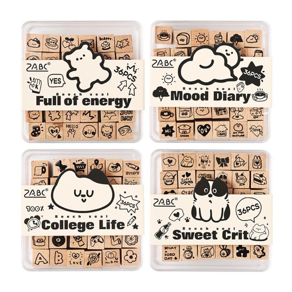 36pcs Set Acrylic Box Wood Stamps Set Daily Life Themed Mini Wooden Stamps  Scrapbooking Decor
