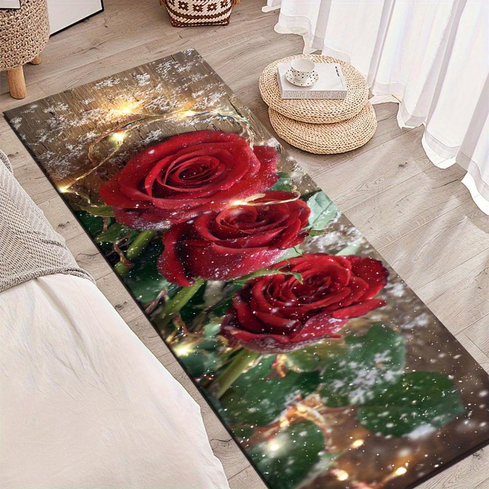1Pcs Rustic Style Snowy Red Rose Colorful Non-Slip Washable Area Rug Runner for Entryway, Living Room, Bedroom & Patio
