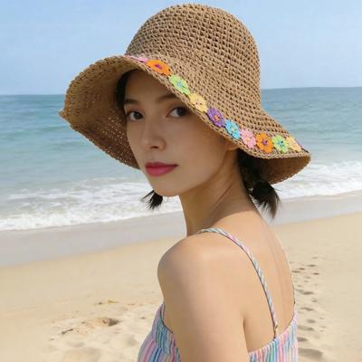 Beach Hat Hollow Design Large Eaves UV Blocking Colorful Flower Decoration Sun Protection Hat Portable Hand-Crocheted Straw Hat