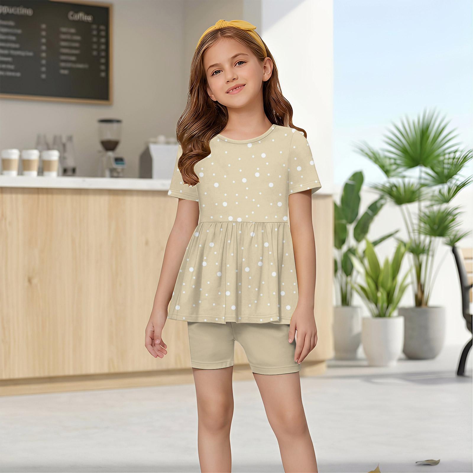 

Fashionable girls summer set with polka dot print short sleeved shirt and ruffled hem top+shorts 100 бежевый