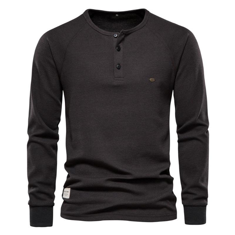 Autumn Winter Men's Base Shirt Henry Collar Long Sleeve Waffle T-shirt
