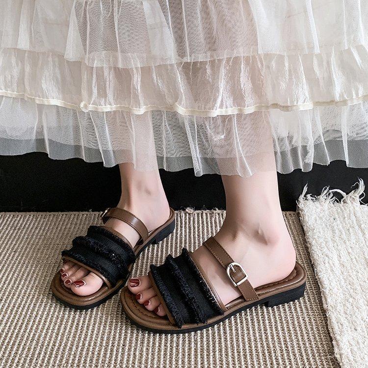 

[youshilai] One-word thick-heeled slippers wear 2025 new summer Xiaoxiangfeng beach cool slippers women 35