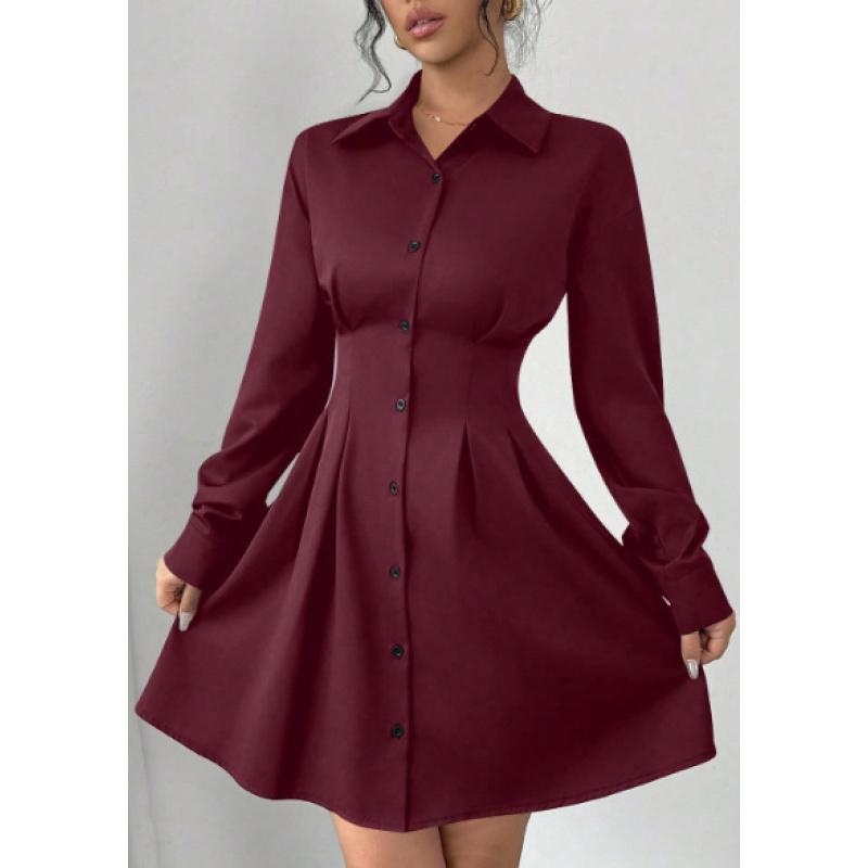 Women's Elegant Turn Down Collar Long Sleeve Knee-Length Button Down Shirt Dress Slim Waist Pleated Mini Dresses