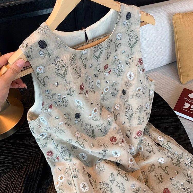 2026 Summer Women s French Retro Floral Sleeveless A-line Dress S (70-90 lbs)