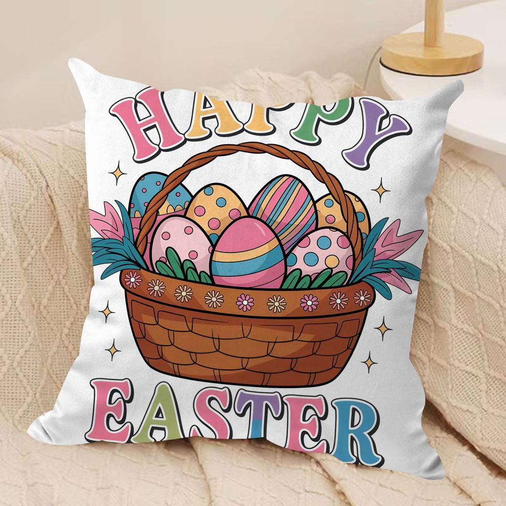 Happy Easter Cartoon Cute Cushion Cover Silky Short Plush Invisible Zipper Dustproof Sofa Pillow Case For Home Decor