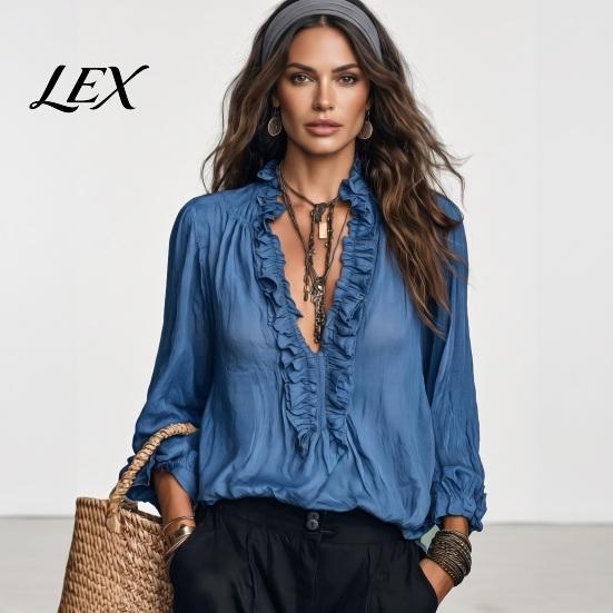 Ruffle V-Neck Shirt Women Top, Solid Color Casual Long Sleeve Office Wear Blouse Pullover Shirt, Retro Pleated Loose for Autumn Classic Fall Top