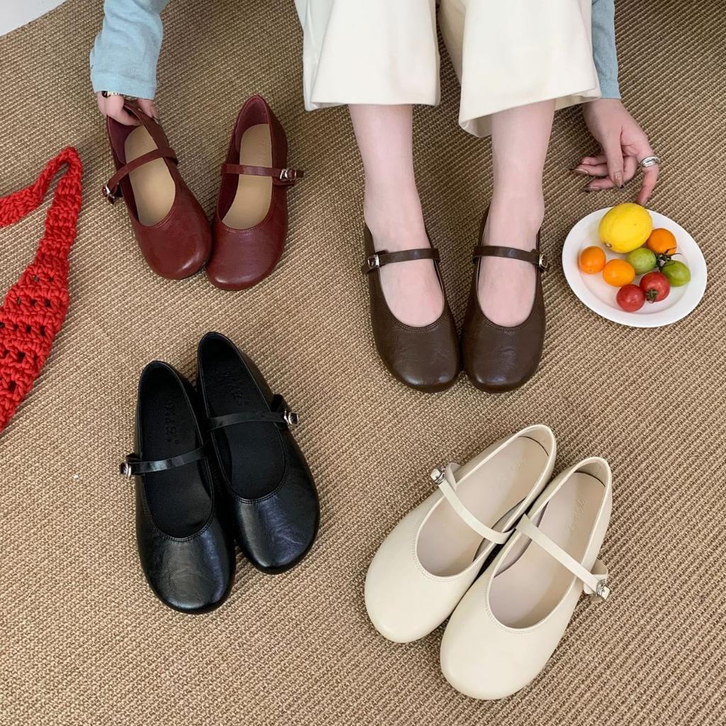 2025 Spring New Korean Version Mary Jane Shoes Women's Retro Shoes Niche Design Flat Bottom One-word Buckle Shallow Mouth Single Shoes