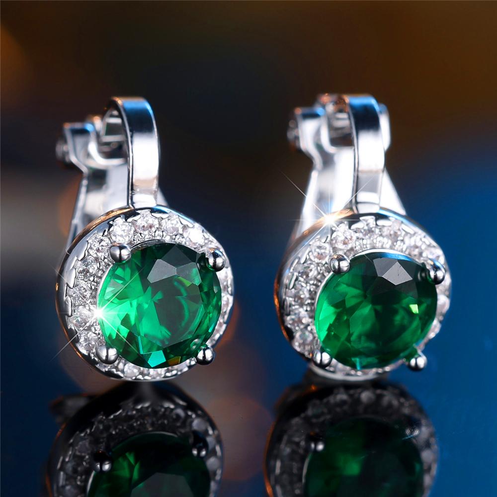 Cute Female Black Green Blue Zircon Stone Round Clip Earrings Charm Silver Color Wedding For Women