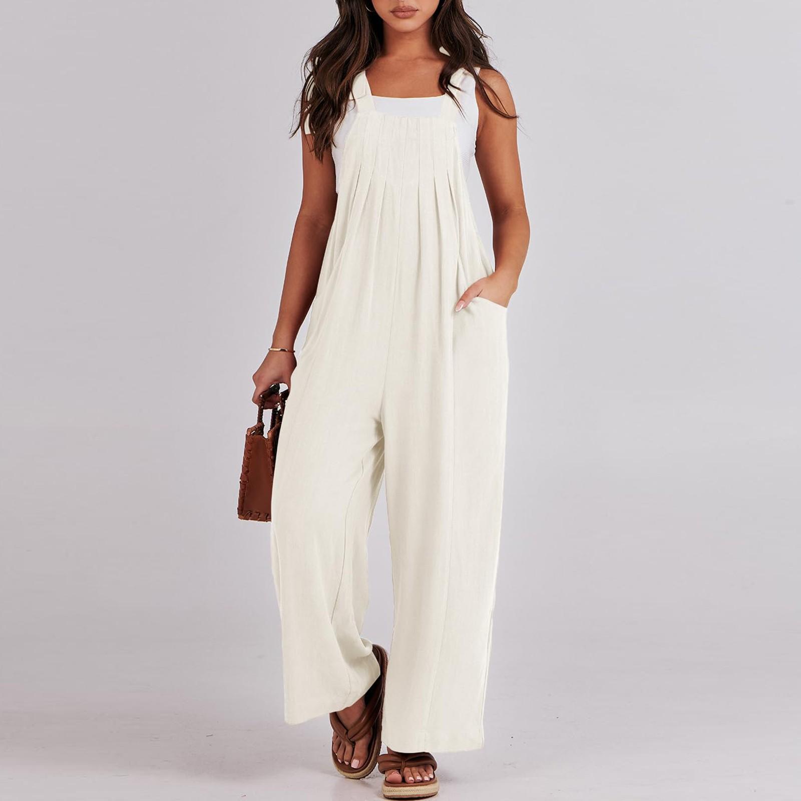 

Женские комбинезоны, повседневные свободные комбинезоны без рукавов с регулируемыми завязками, комбинезоны с широкими штанинами, наряды с карманами M белый