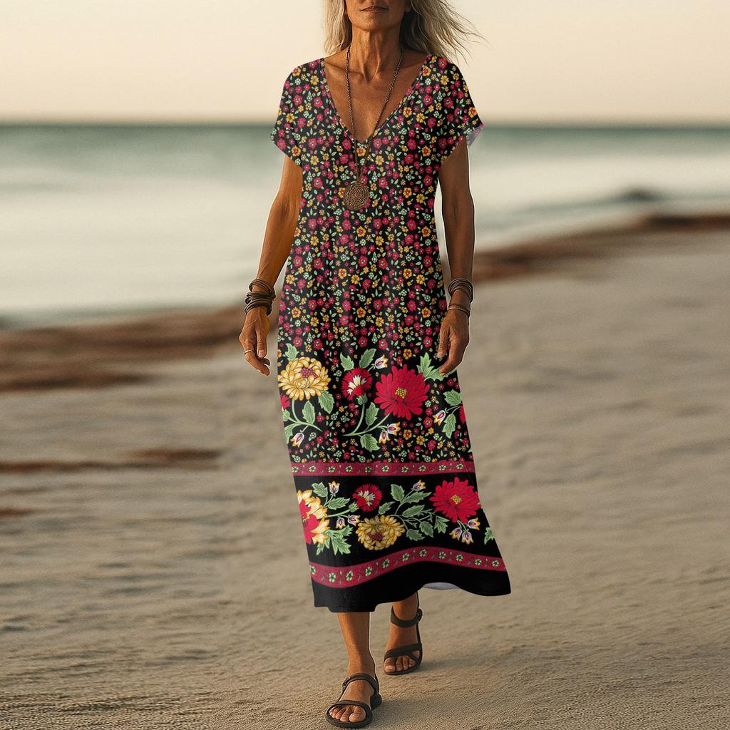 Letní šaty Dámské Dlouhé Boho Plážové šaty Elegantní Maxi šaty Výstřih do V Krátký rukáv Letní Tunikové šaty Lehké Vzdušné
