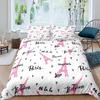 Pink Paris Eiffel Tower Architecture 3D Print Bedding Set Cozy Soft Duvet Cover King Queen Twin Size Birthday Gift Room Decor