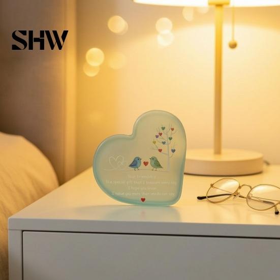 Romantic Heart Decor for Room Shape Acrylic Friendship Ornament with Engraved Verse & Bird Tree, Desktop Decorative Bedside Table Art Home Office