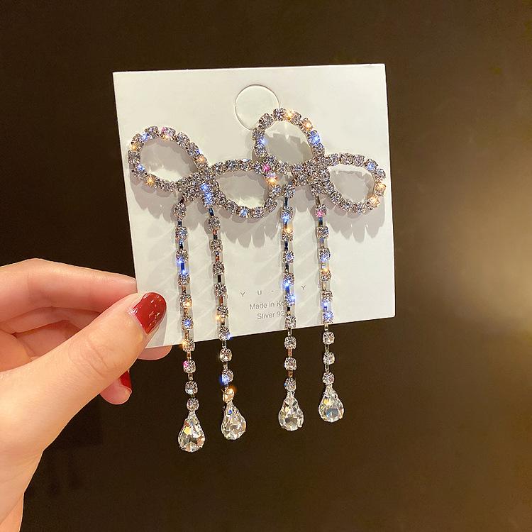 Fashion Long Tassel Full Rhinestone Drop Earrings for Women Bowknot Crystal Dangle Earrings Jewelry Gifts