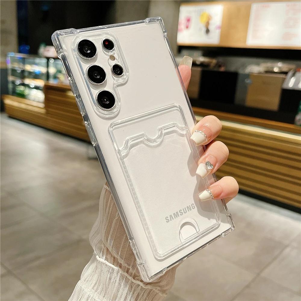 Thick Shockproof Card Bag Wallet Clear Phone Case For Samsung S24 Ultra S21 S22 S23 Fe S 24 Plus 5G Soft Corners Cover Cases