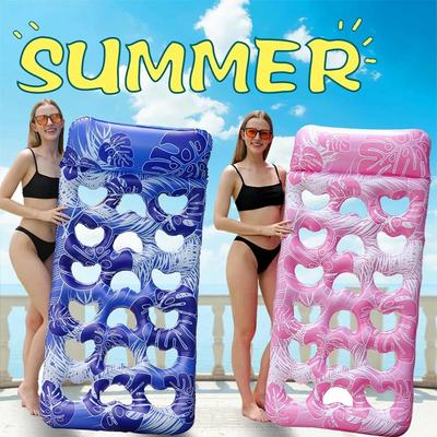 Zomer Opblaasbare Drijver Lounger Waterspeelgoed met Hoofdsteun Bedrukt Bladpatroon Buiten Zwembad Opblaasbaar Drijfbed voor Kinderen Volwassenen