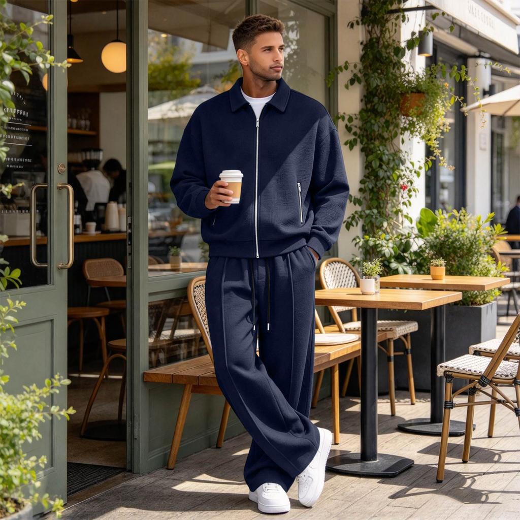 Men's Knit Zip-Up Lapel Jacket Sweatshirt and Straight-Leg Sweatpants Set, Loose Fit Outfit