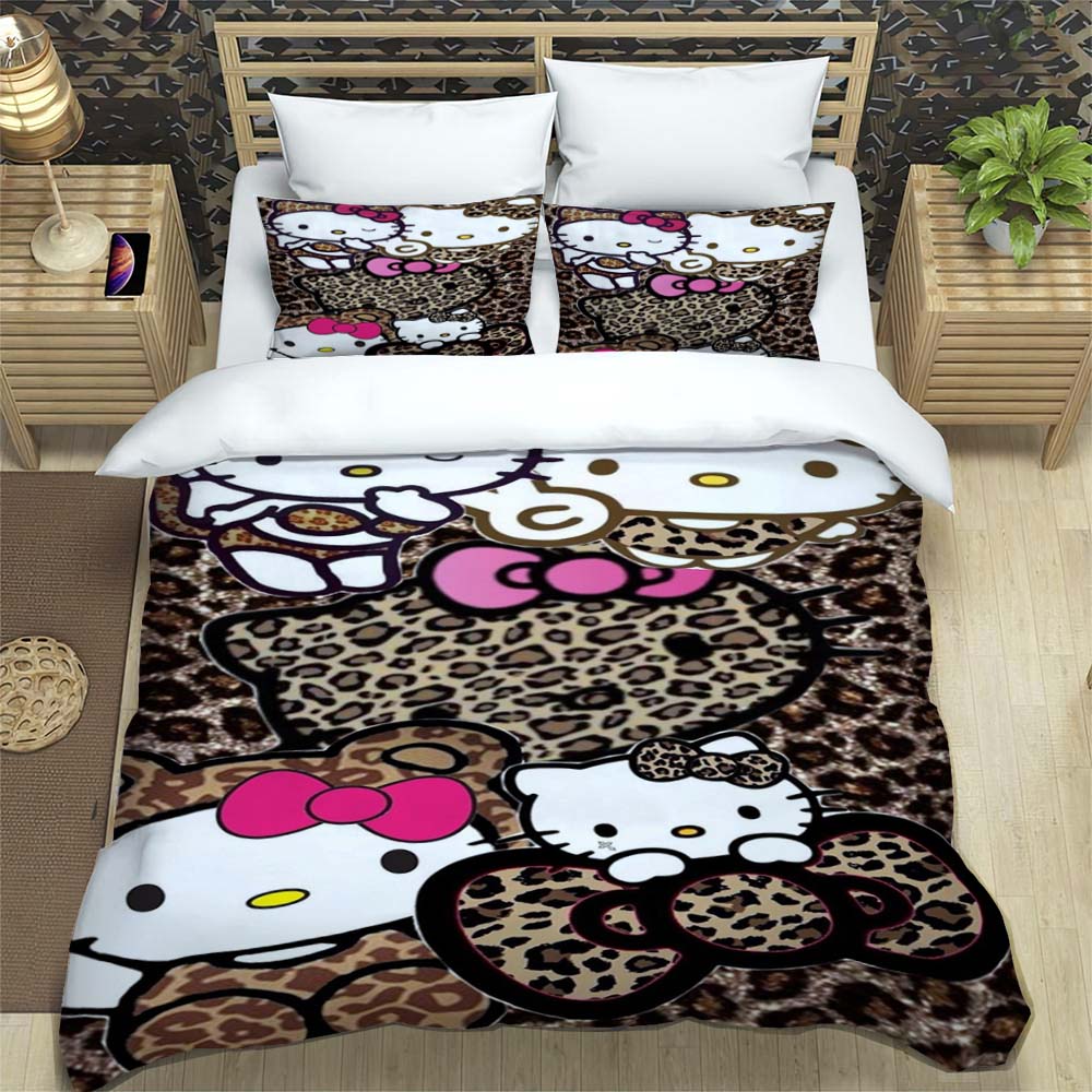 3D Printed Cartoon Leopard Print Hello Kitty Duvet Cover and Pillowcase Set - Home Decor, Creative Plus Size Bedding Set, 01