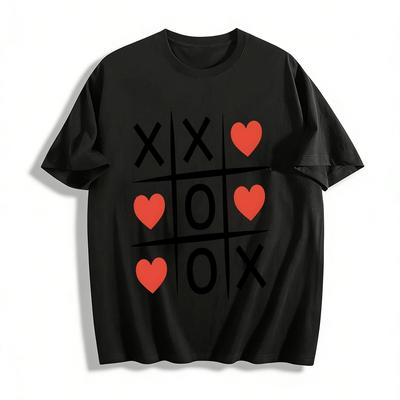 Tic Tac Toe Herzmuster Lässiges Kurzarm-T-Shirt Reines Baumwoll-T-Shirt