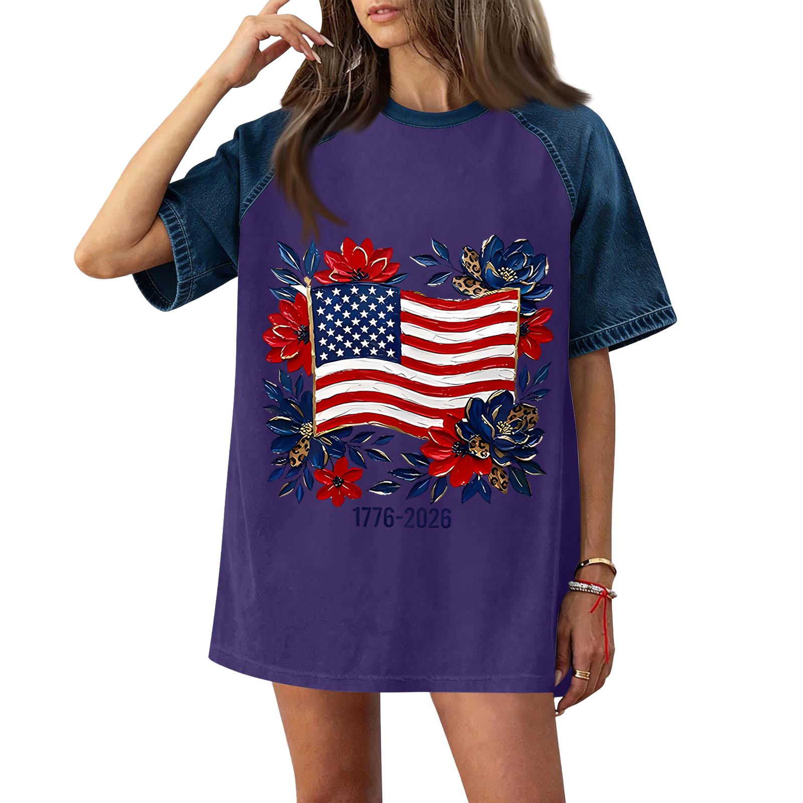 

Women Casual Short Sleeve T Shirt Denim Patchwork Top 250th Independence Day Commemorative Print Relaxed Fit Lightweight Tee S фиолетовый