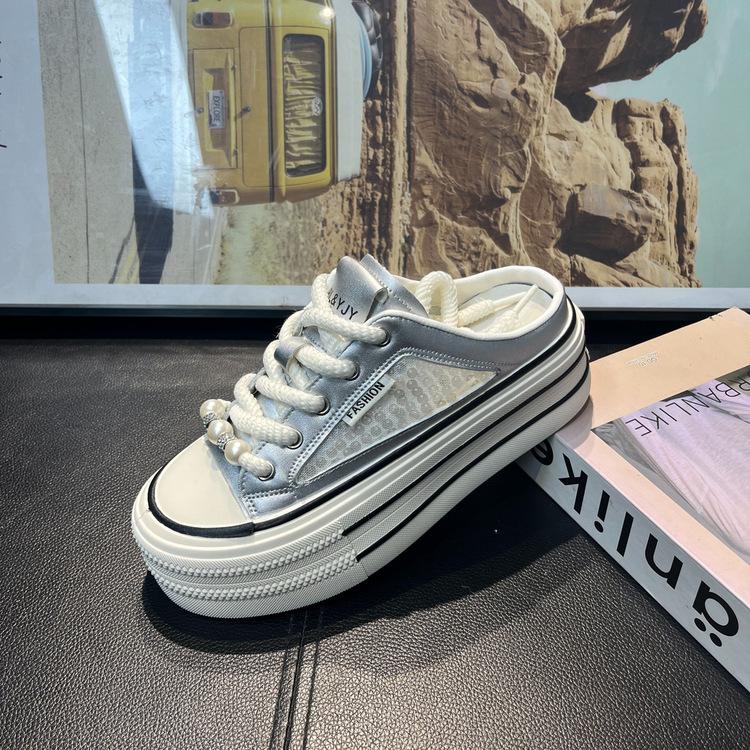 

Internet celebrity bag head slippers women s summer outer wear 2025 new thick-soled versatile breathable mesh casual shoes without heel women s shoes 40 серебряный