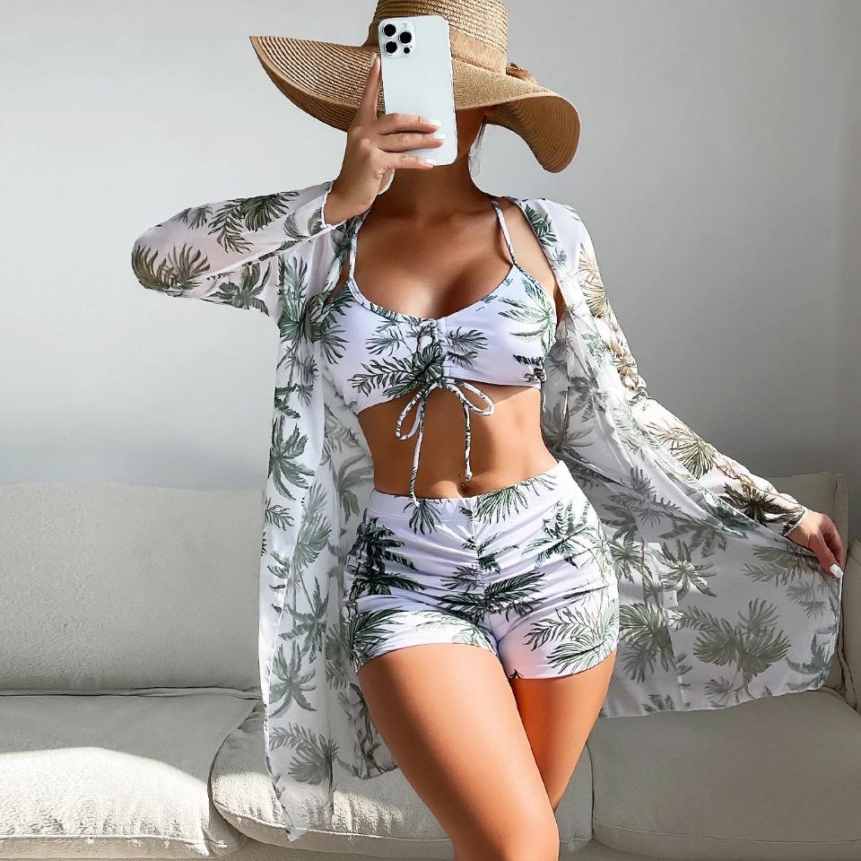 Msfilia Women's Swimsuit Split Three Piece Set High Waist Long Sleeve Ins Overshirt Drawstring Printed Bikini Suits