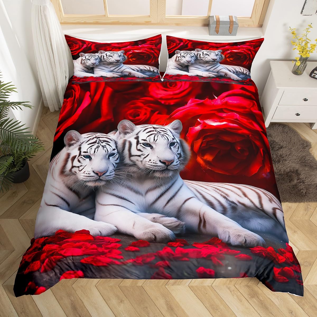 

Tiger And Flowers Duvet Cover Sets For Teens Queen Lightweight Quilt Covers Woodland Wildlife Romantic Bedding Set Bedroom Decor EU Single(135x200cm)