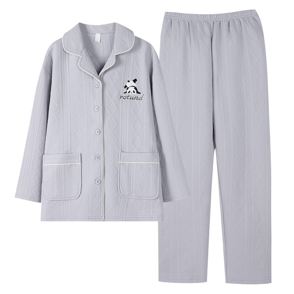 Air Cotton Sandwich Pajamas Women'S Autumn And Winter Pure Cotton Thickened Long-Sleeved Thermal Loungewear Set