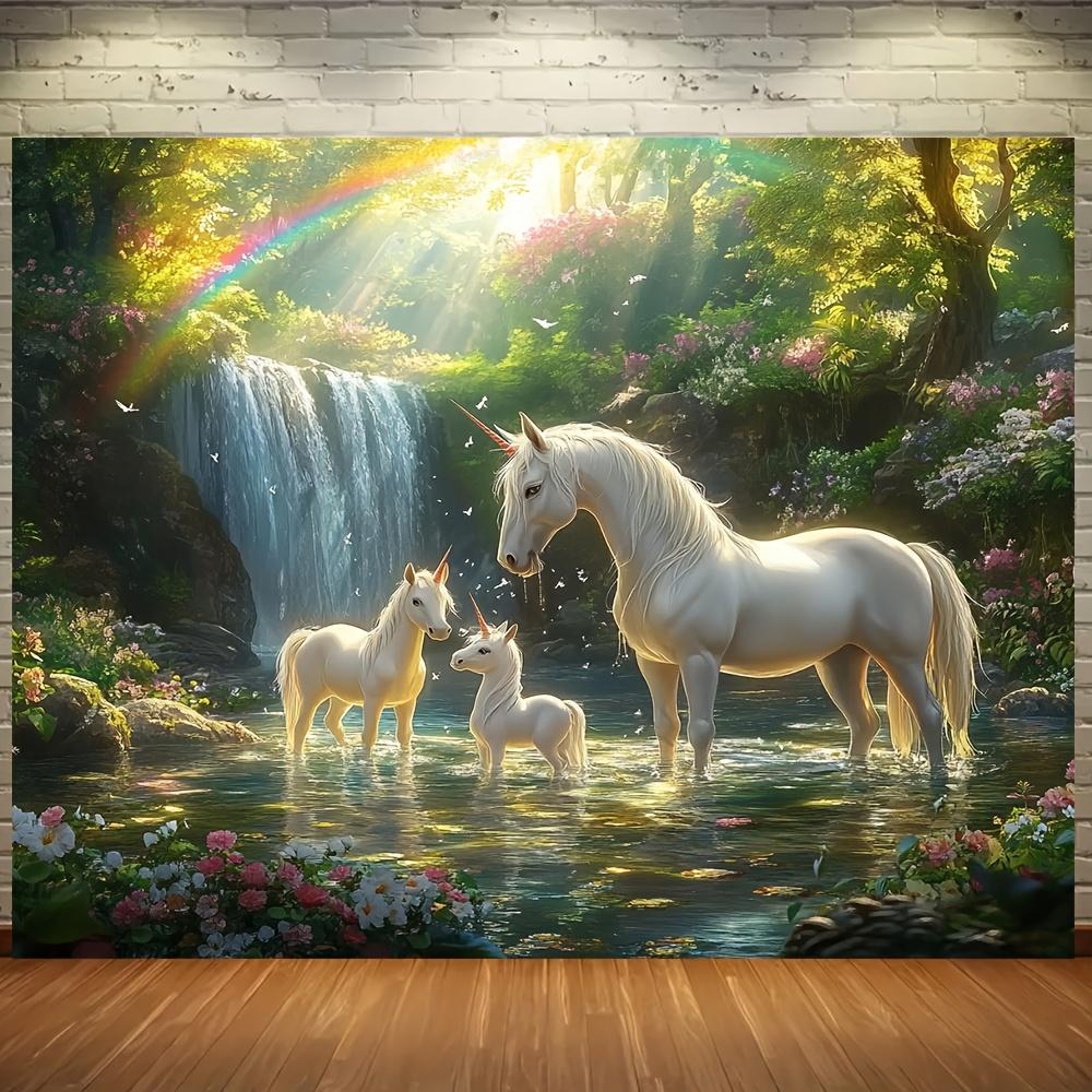 1 large unicorn forest scene background - durable polyester fabric, no power supply required
