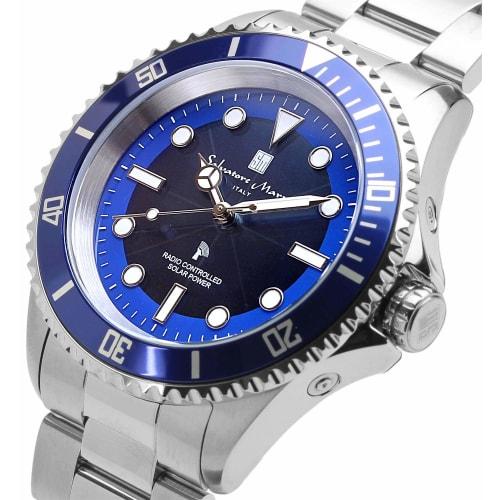 Salvatore Marra Men's Watch, Radio-Controlled Solar, Unidirectional Rotating Bezel, 10 ATM Water Resistance, Silver and Blue, SM22110-SSBL